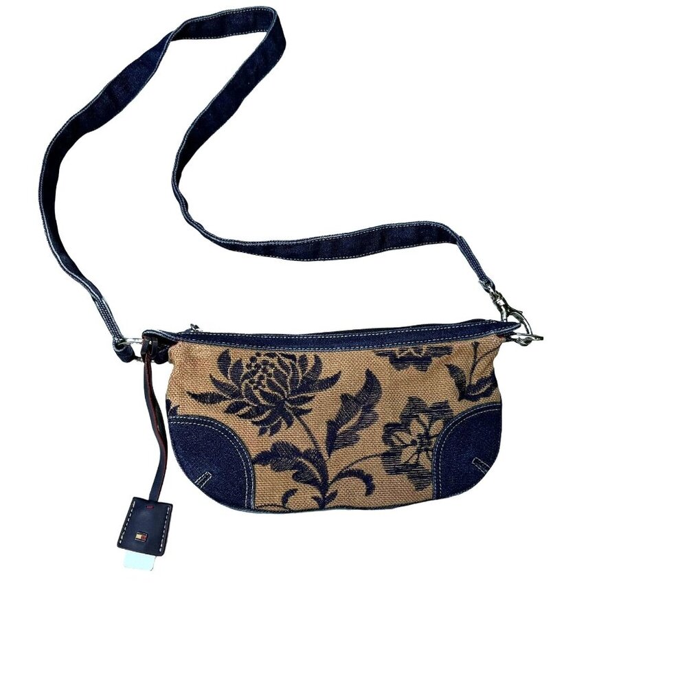 Tommy Hilfiger Boho Floral Khaki Canvas 11 inch Crossbody Bag With Denim Accents